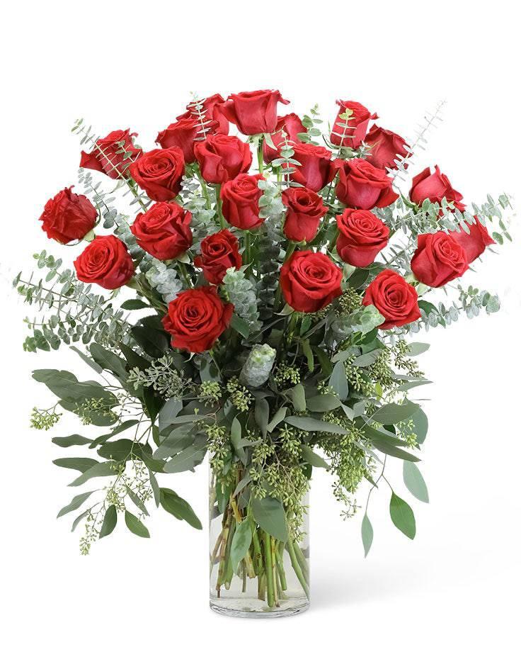 Red Roses with Eucalyptus Foliage (24) - Village Floral Designs and Gifts