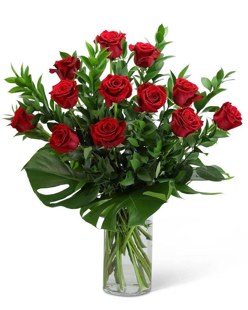 Red Roses with Modern Foliage (12) - Village Floral Designs and Gifts